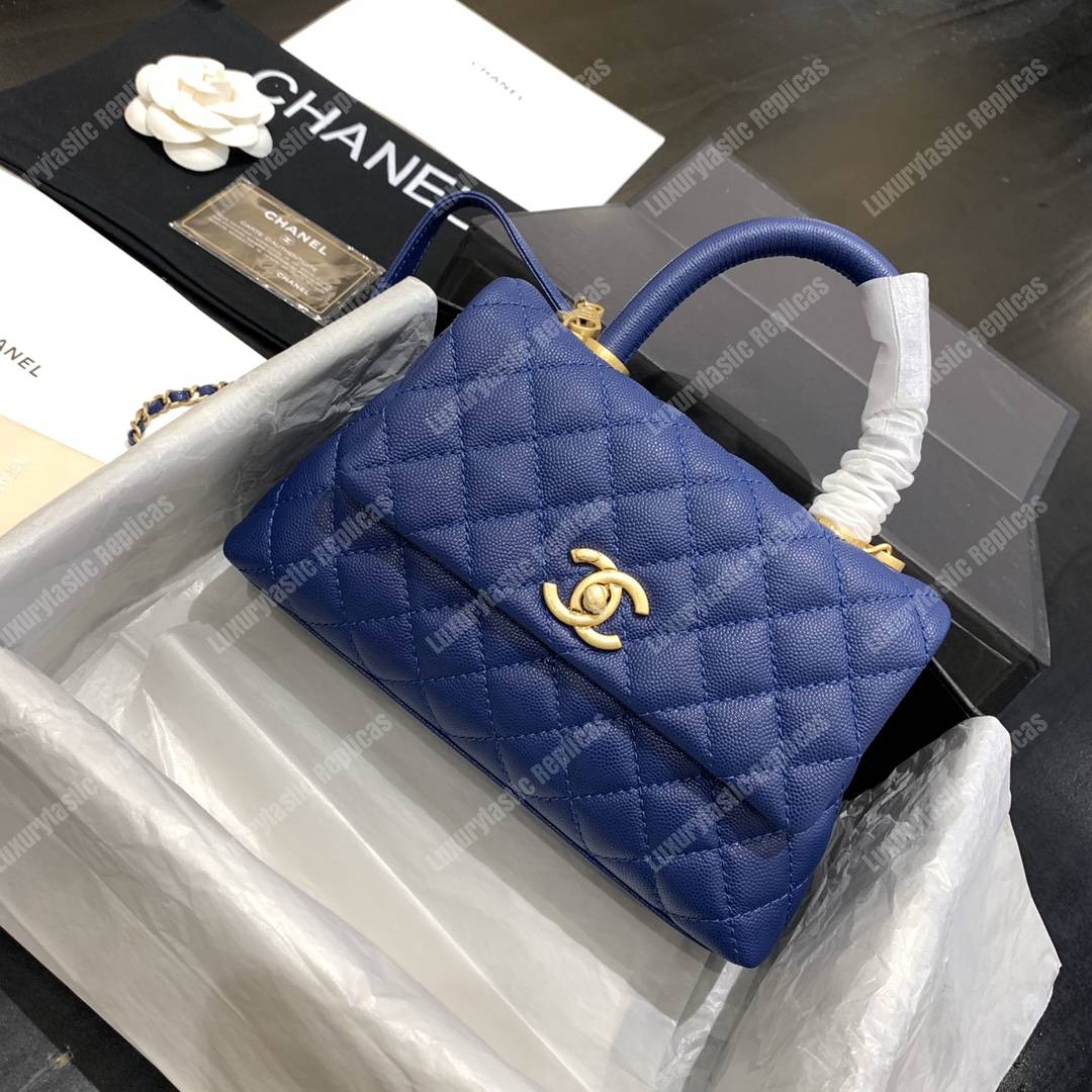 Ch*el flap bag with top handle caviar leather blue