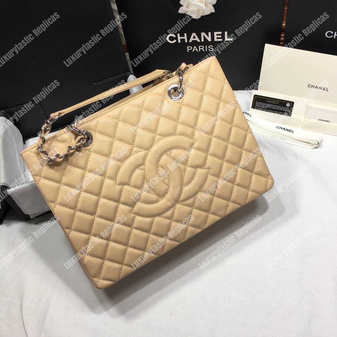 Ch*el large shopping tote beige silver hardware
