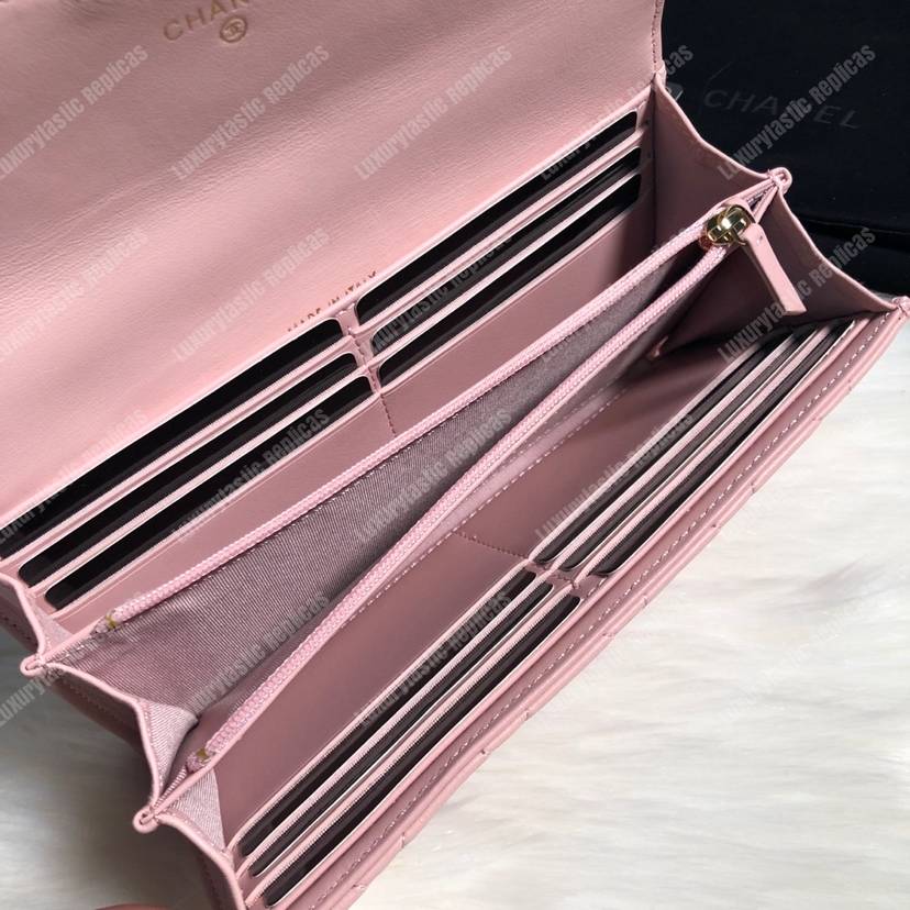 Ch*el classic long flap wallet lambskin leather pink
