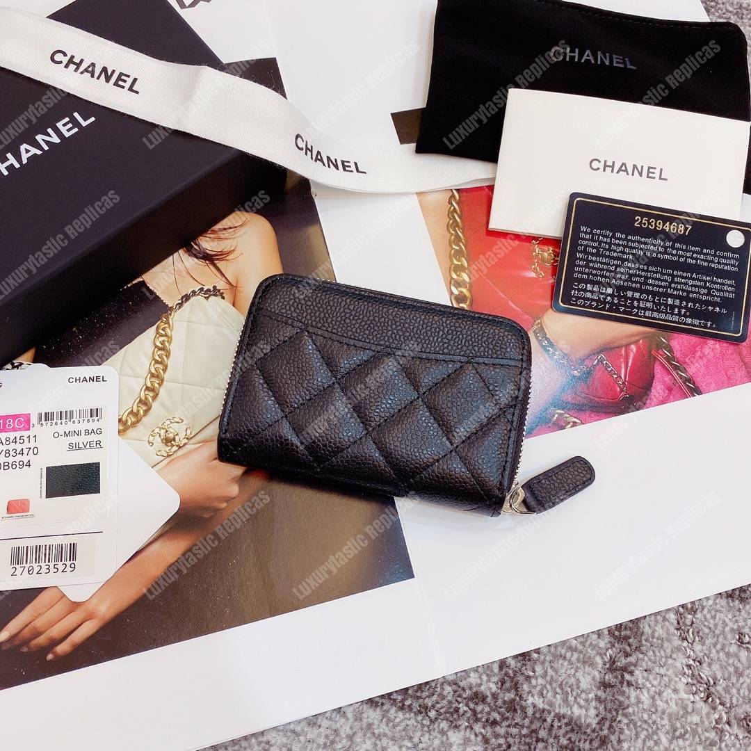 Ch*el classic zipper coin purse silver tone black