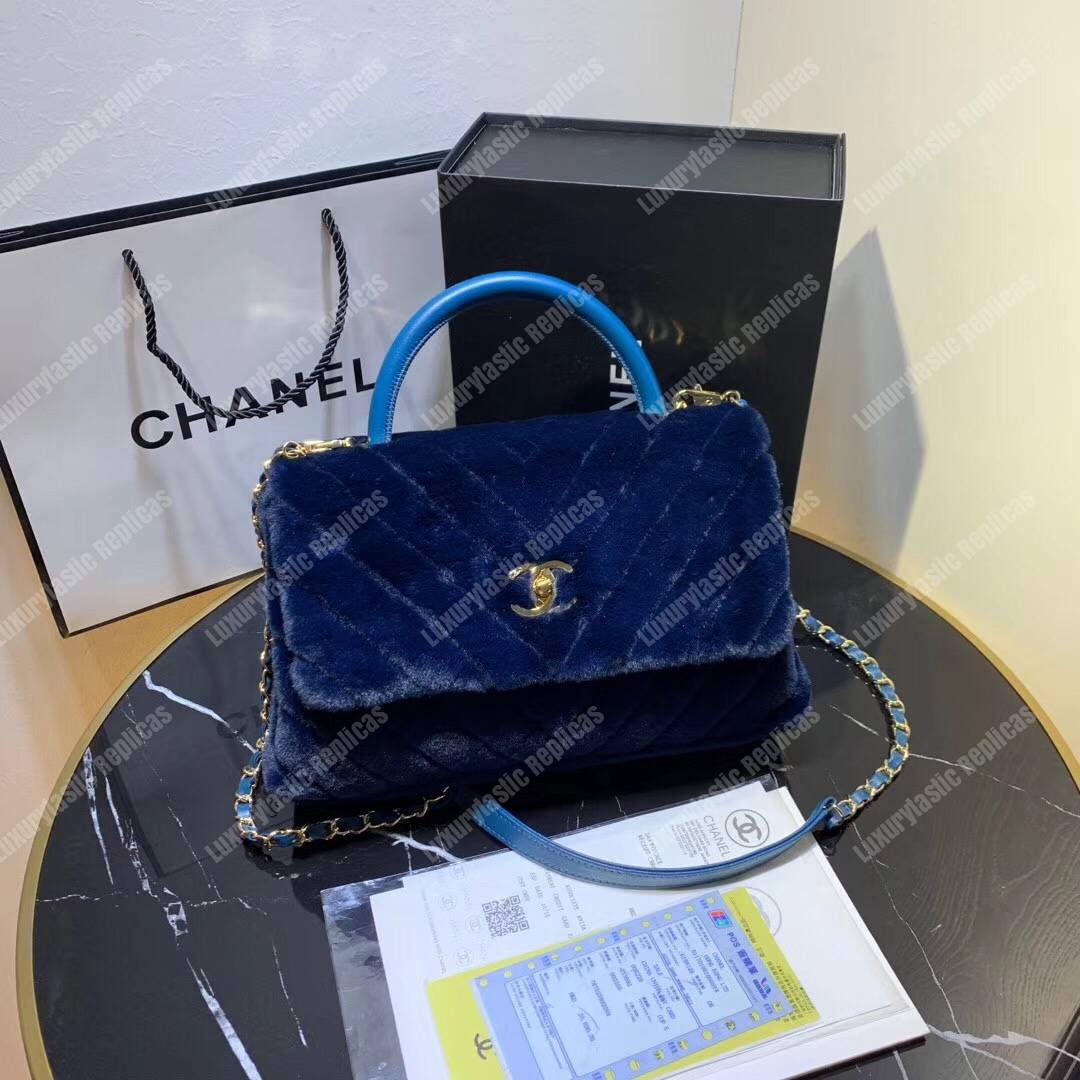 Ch*el flap bag with top handle blue