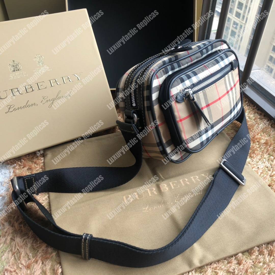 B**rry vintage check and leather crossbody bag archive beige