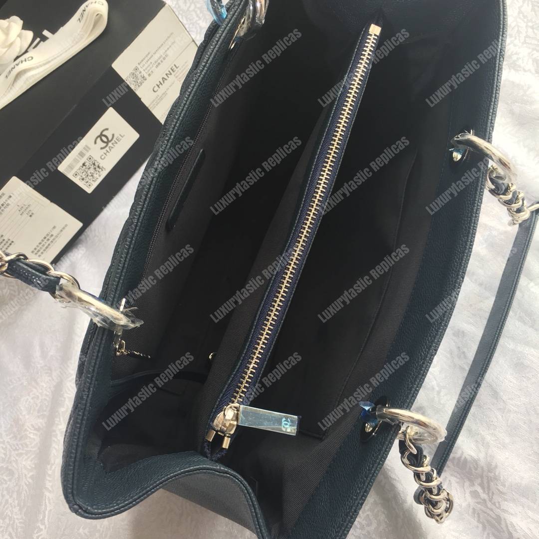 Ch*el large shopping tote silver tone dark green