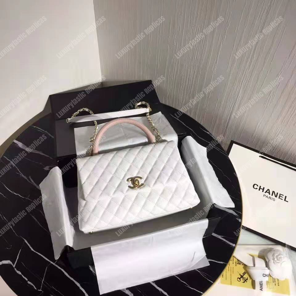 Ch*el flap bag with top handle white