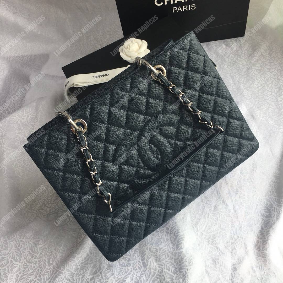 Ch*el large shopping tote silver tone dark green