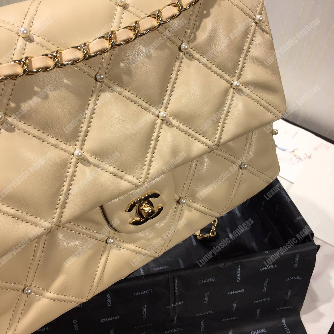 Ch*el flap bag iimitation pearls beige