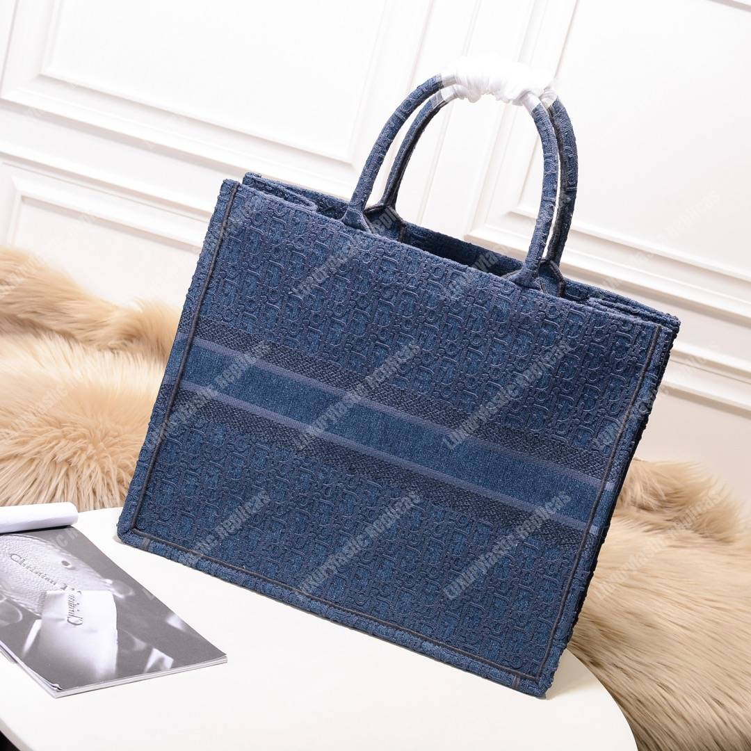 D*or book tote bag denim blue oblique embroidered canvas