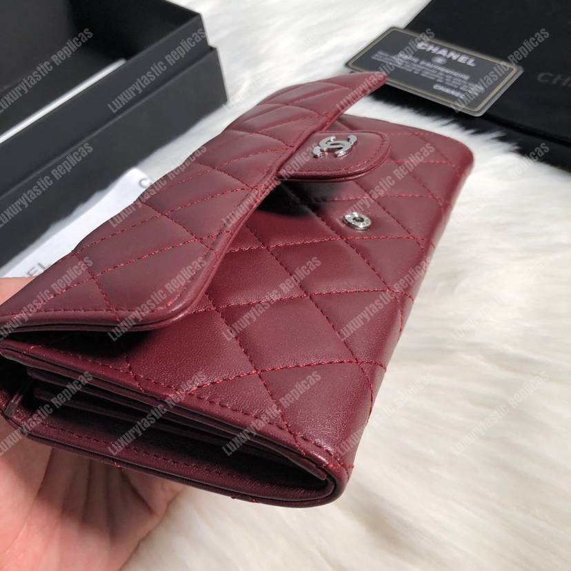 Ch*el classic long flap wallet lambskin leather burgundy