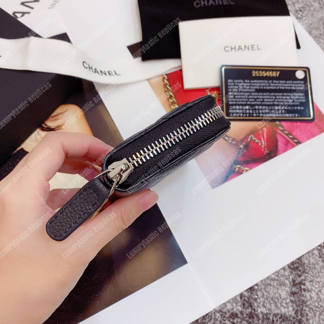 Ch*el classic zipper coin purse silver tone black