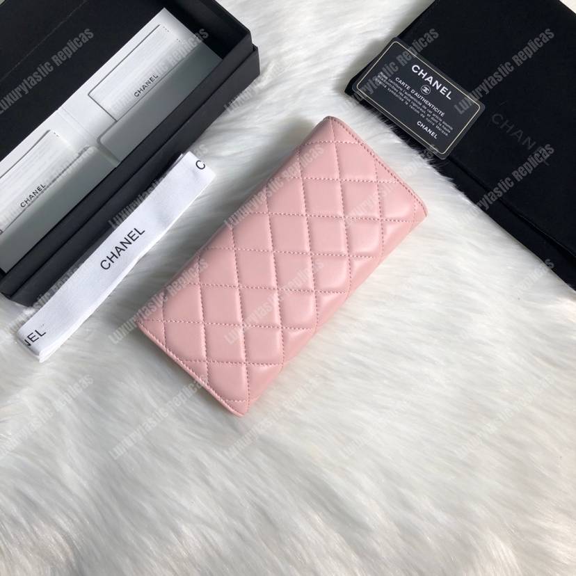 Ch*el classic long flap wallet lambskin leather pink