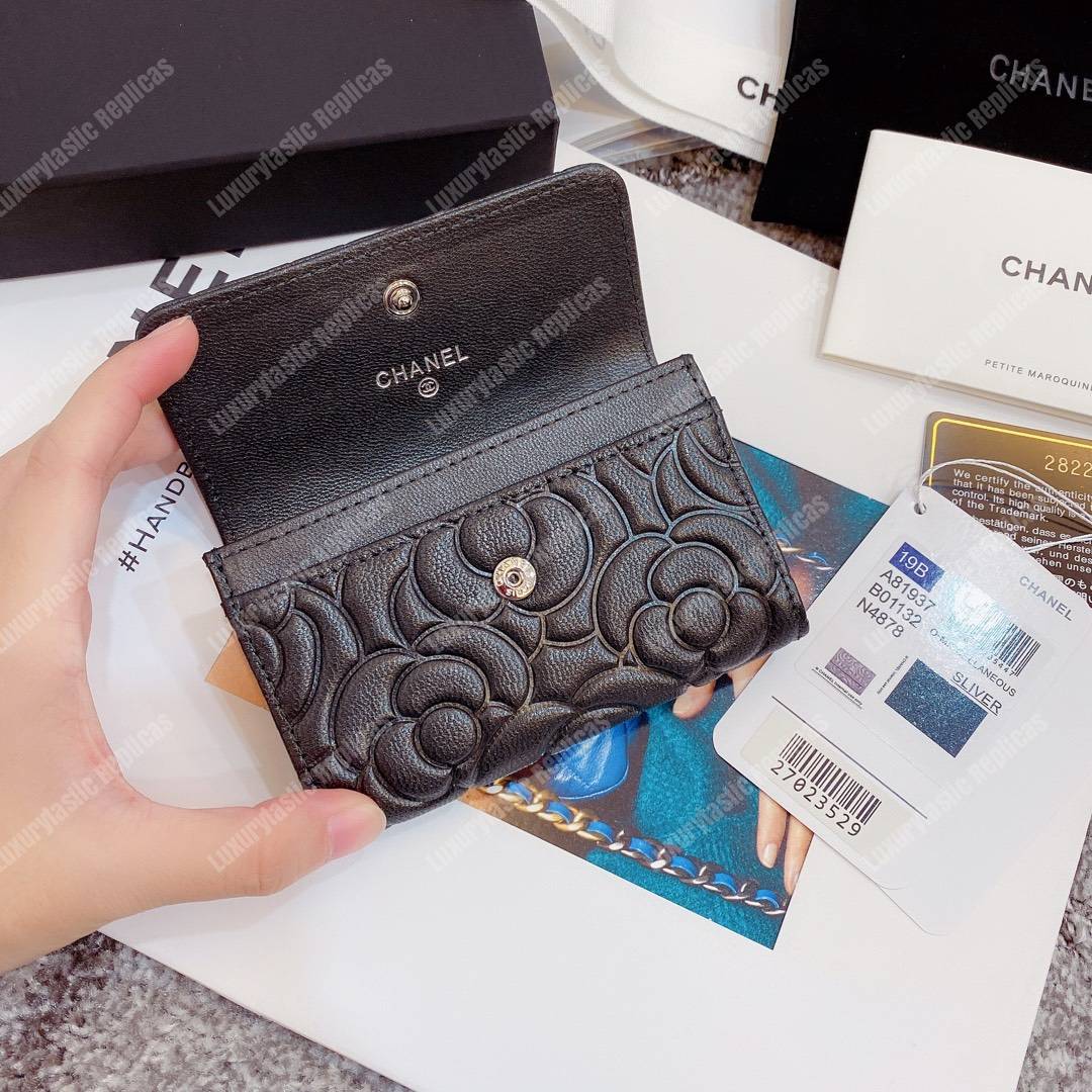 Ch*el flap card holder satin finish goatskin black