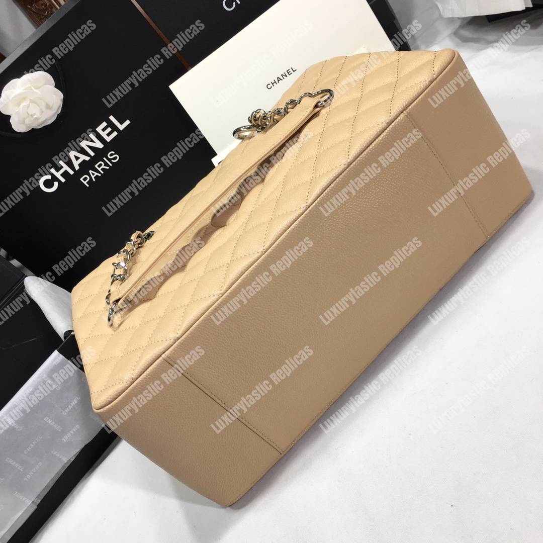 Ch*el large shopping tote beige silver hardware