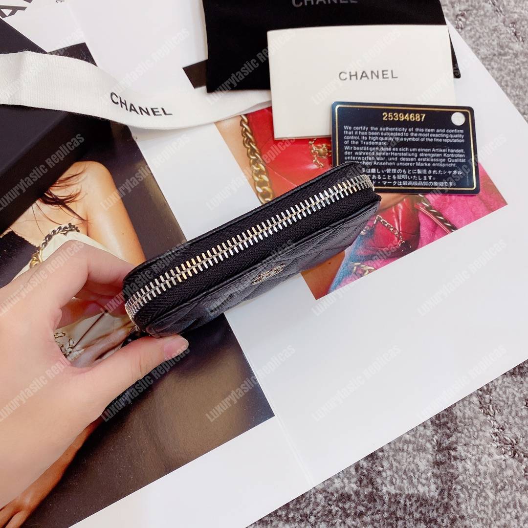 Ch*el classic zipper coin purse silver tone black