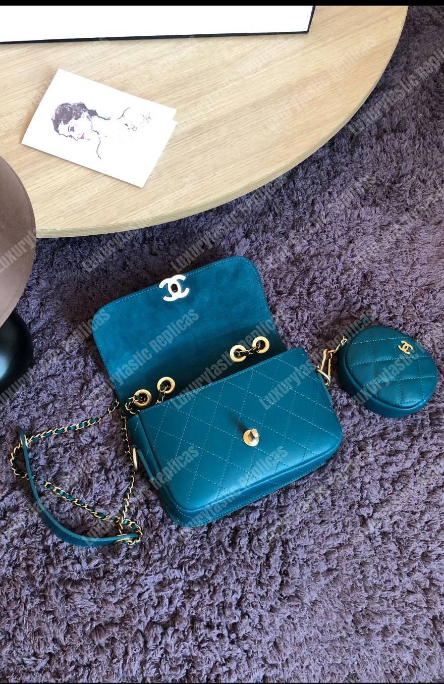 Ch*el flap bag & coin purse blue