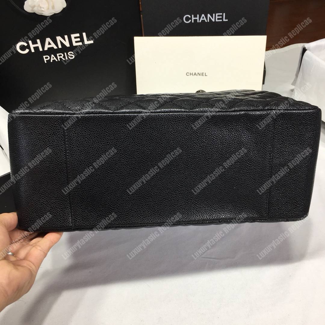 Ch*el large shopping tote silver tone black