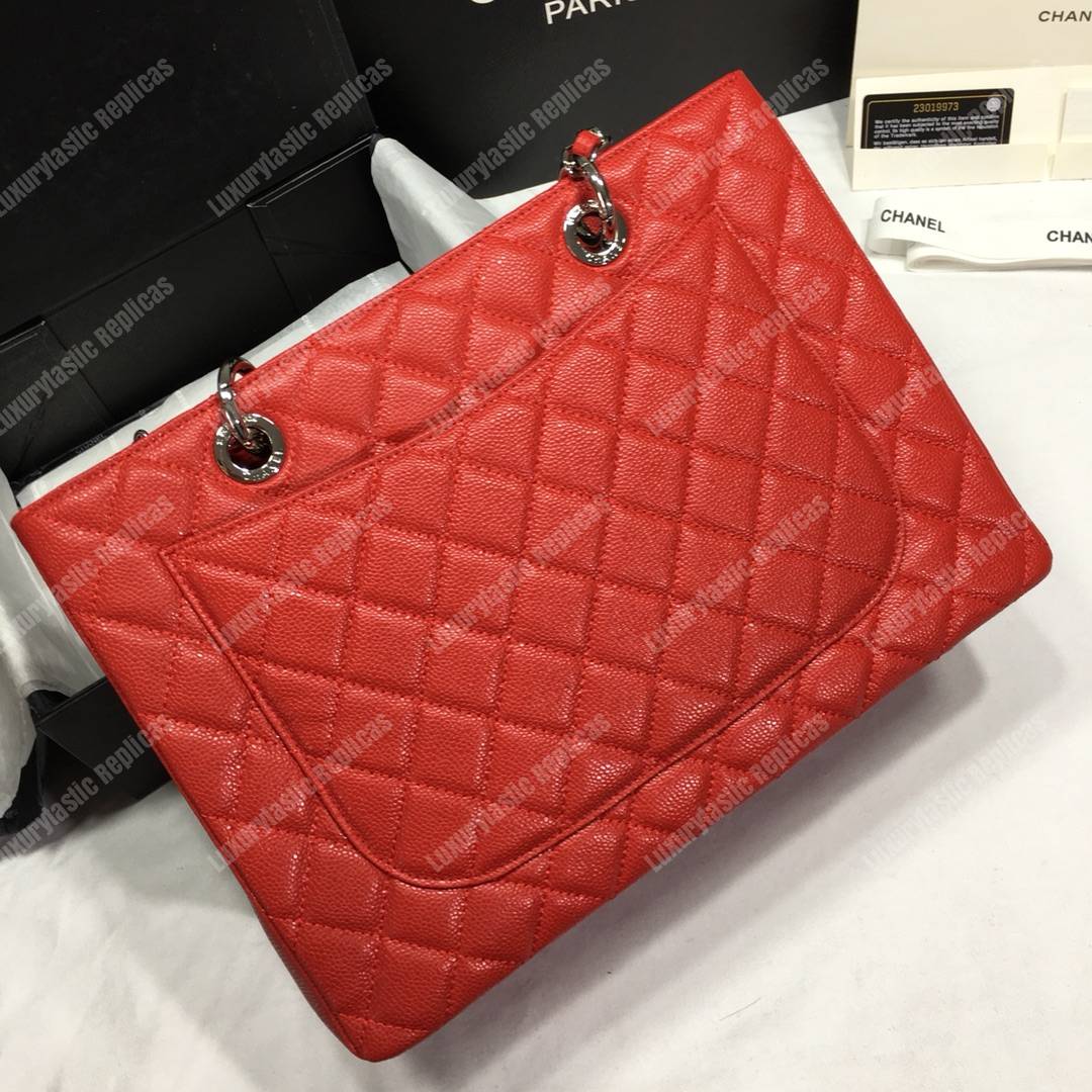 Ch*el large shopping tote silver tone red