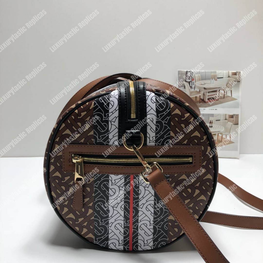 B**rry medium monogram stripe e-canvas barrel bag bridle brown