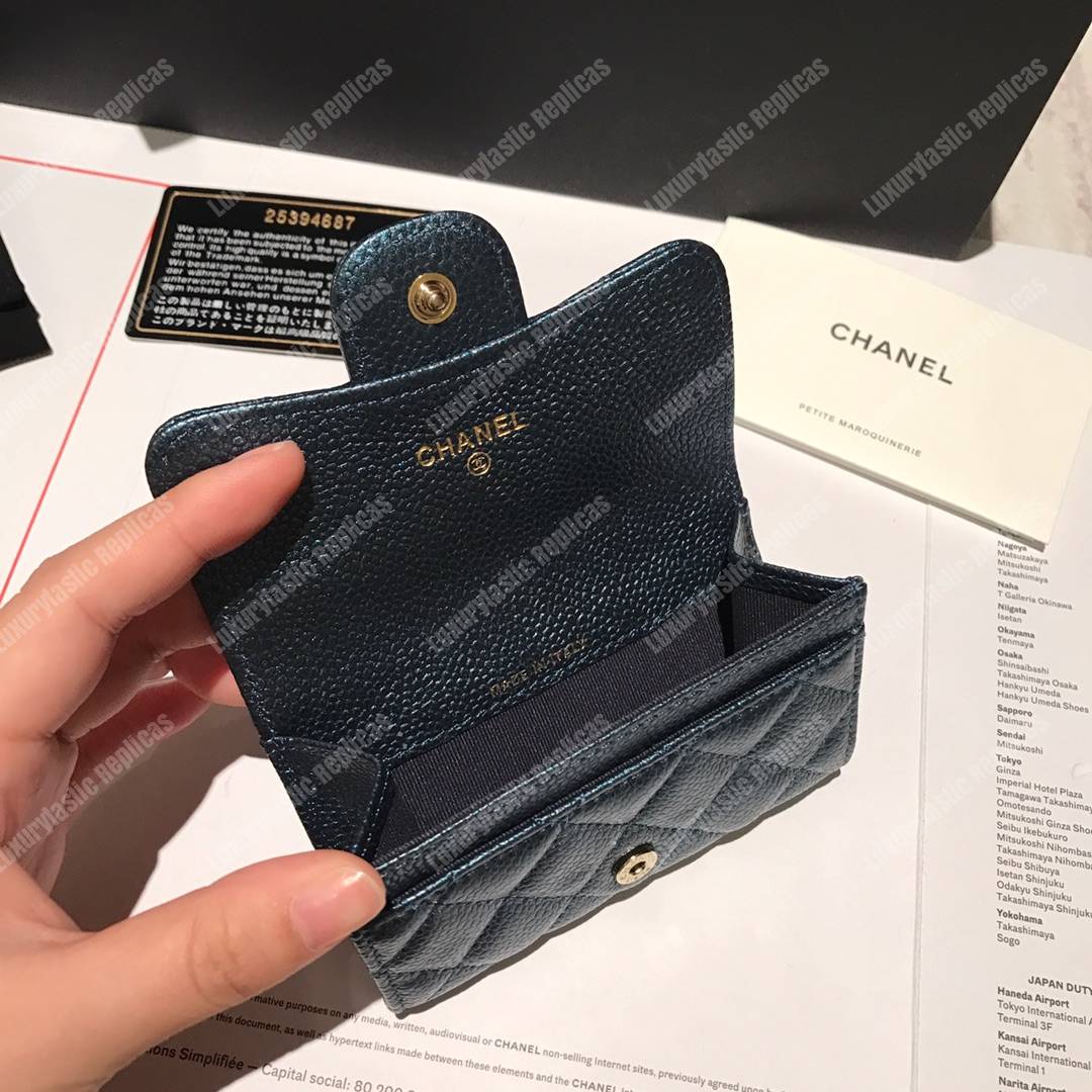 Ch*el classic card holder grained calfskin iridescent turquoise