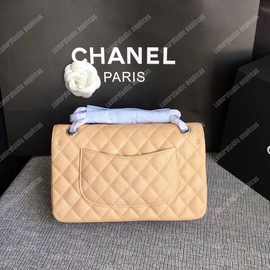 Ch*el medium classic handbag beige silver-tone metal