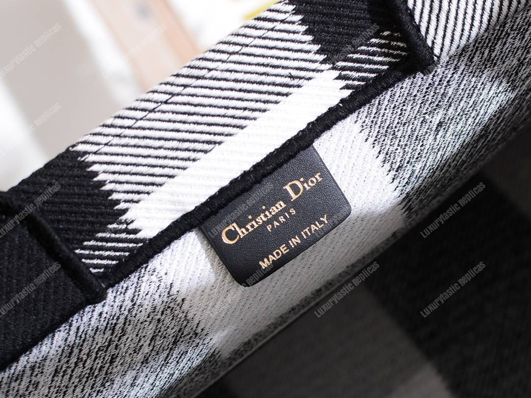 mini D*or book tote in off-white & black embroidered canvas
