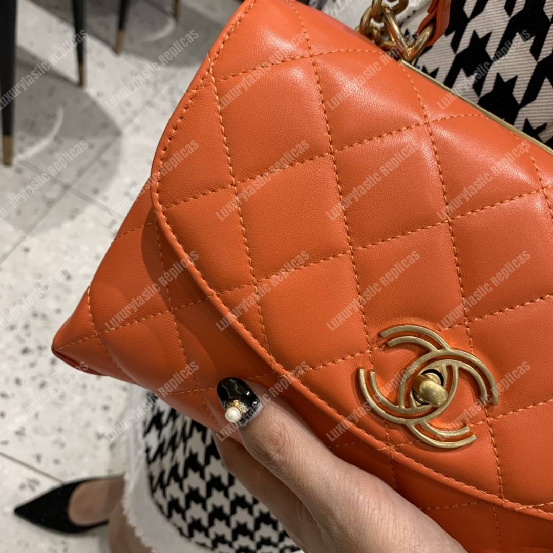 Ch*el flap bag with top handle lambskin orange