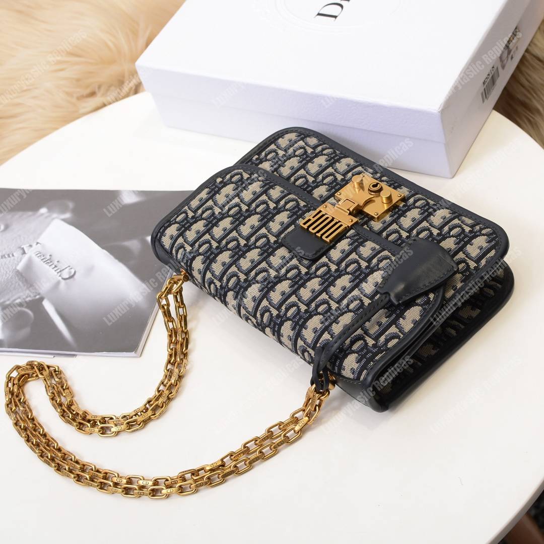 D*or addict flap bag blue oblique canvas with chain