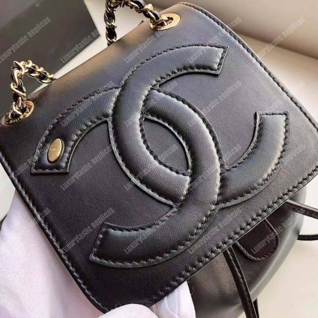 Ch*el lambskin gold-tone metal backpack black