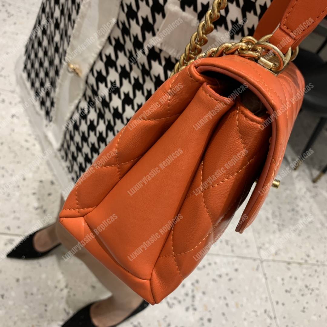 Ch*el flap bag with top handle lambskin orange