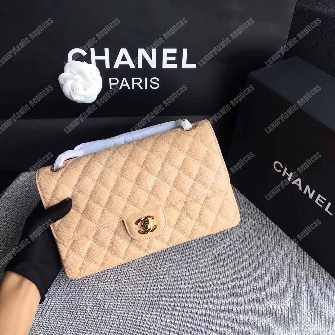 Ch*el medium classic handbag beige gold-tone metal