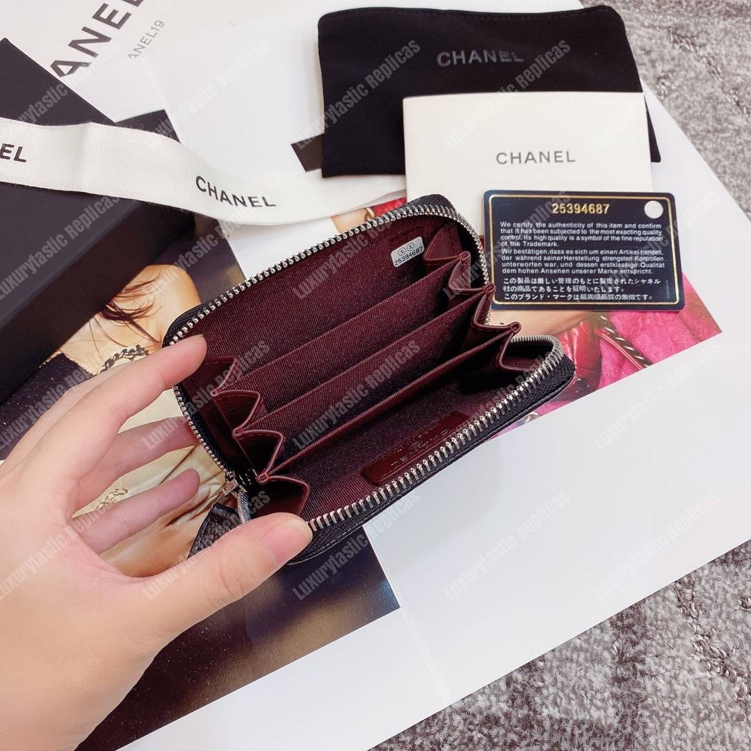 Ch*el classic zipper coin purse silver tone black