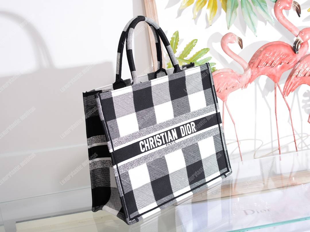 D*or book tote in off-white & black embroidered canvas