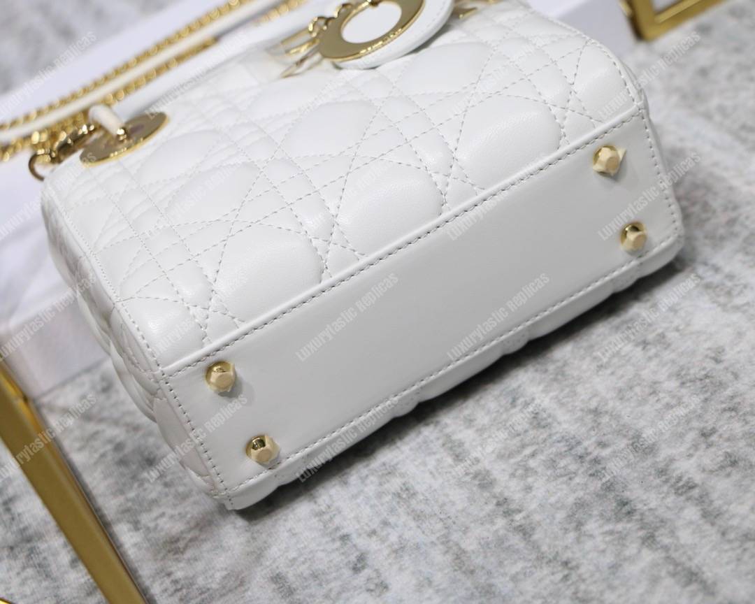 mini lady D*or lambskin bag storm white gold-tone metal