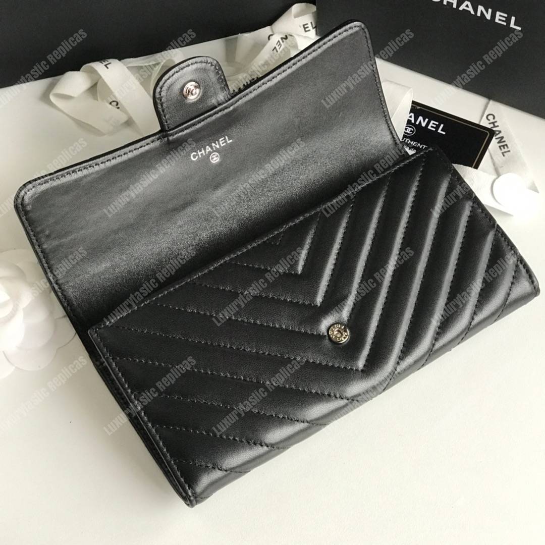 Ch*el classic long flap wallet chevron lambskin black