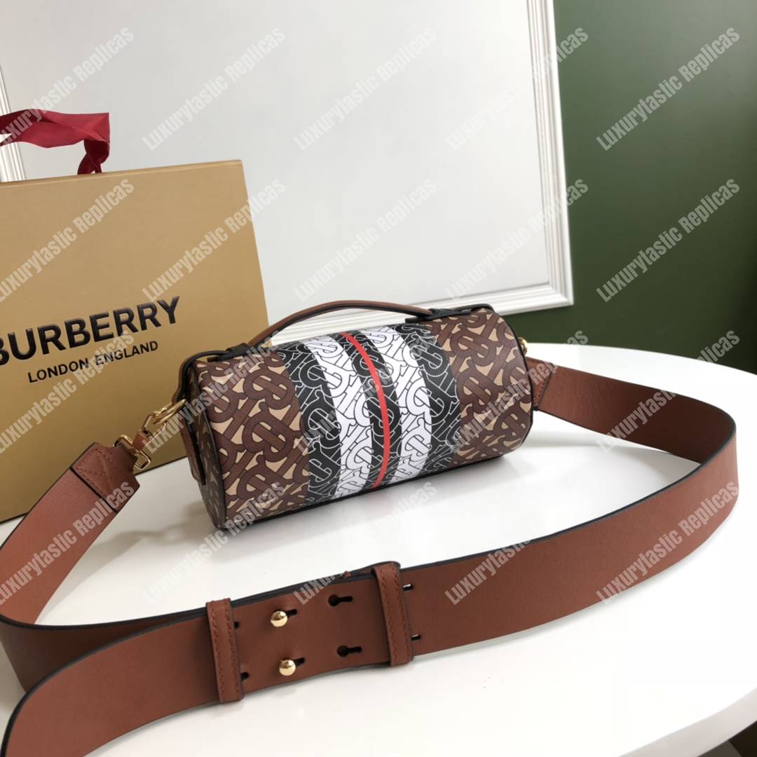 B**rry the monogram stripe e-canvas and leather barrel bag bridle brown
