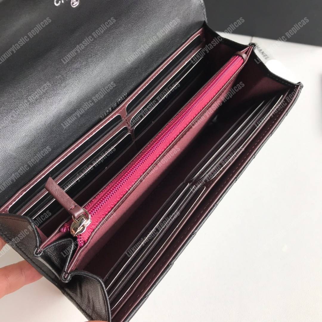 Ch*el classic long flap wallet chevron lambskin black