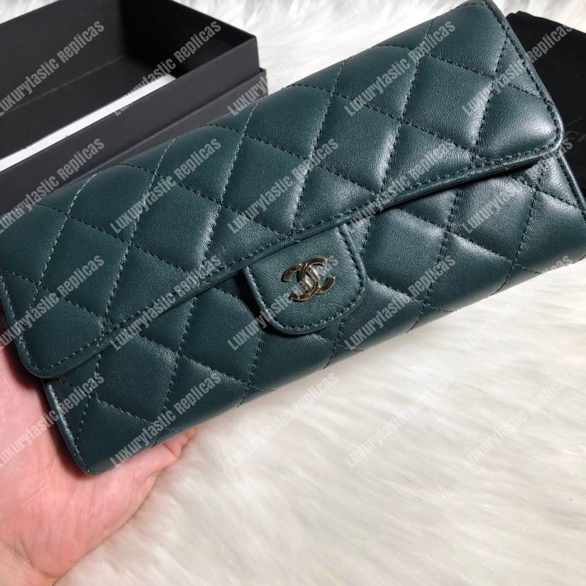 Ch*el classic long flap wallet lambskin leather green