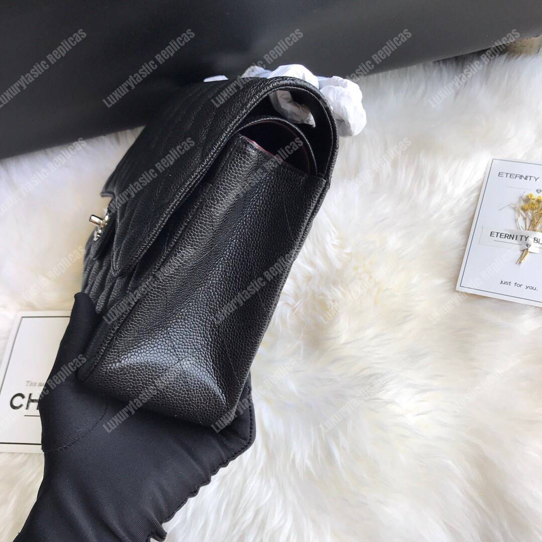 Ch*el classic maxi handbag black grained calfskin silver-toned