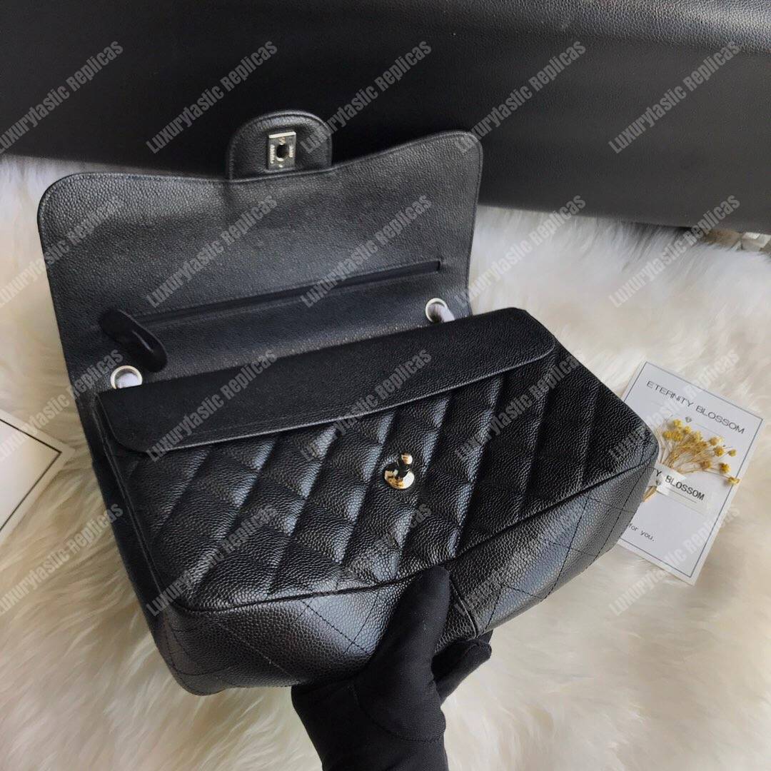 Ch*el classic maxi handbag black grained calfskin silver-toned