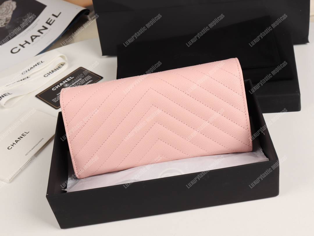 Ch*el classic long flap wallet gold tone pink