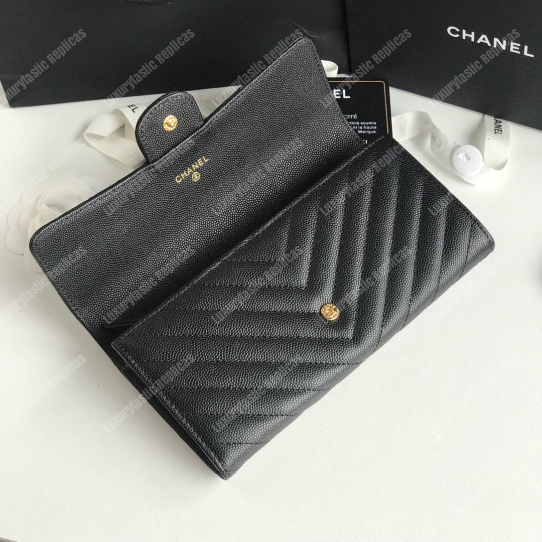 Ch*el classic long flap wallet gold tone black