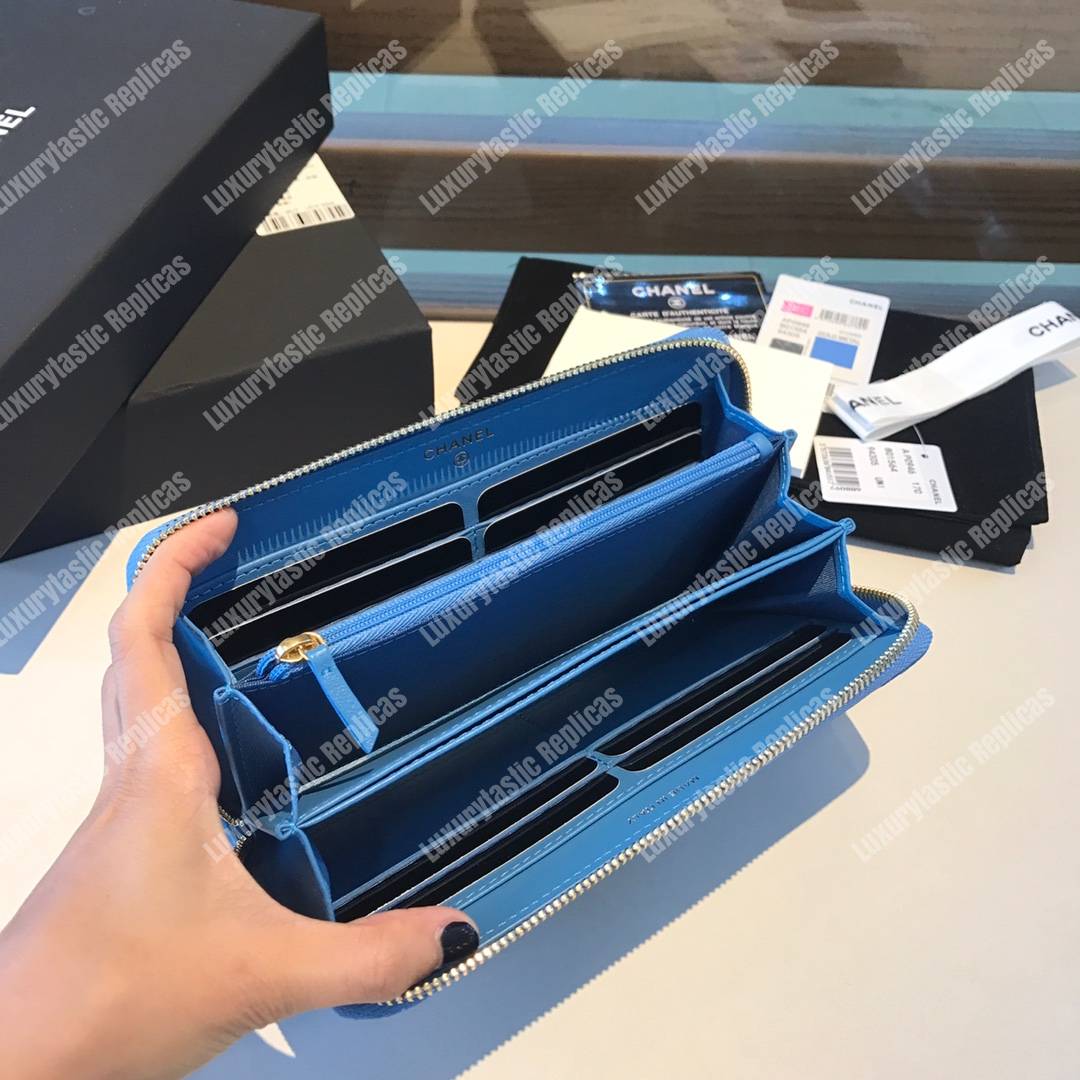 Ch*el 19 long zipped wallet sky blue