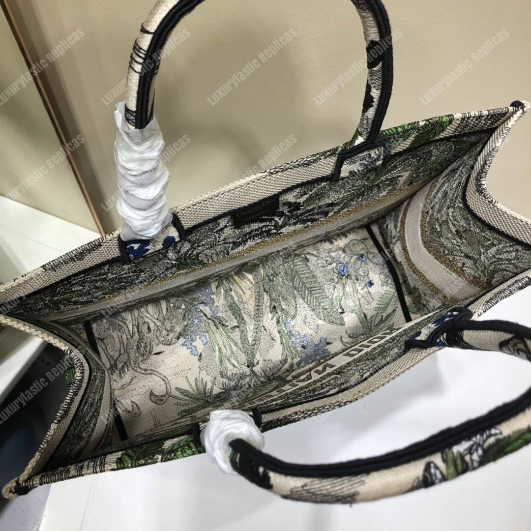 D*or book tote bag in embroidered canvas leaf green toile de jouy tropicalia