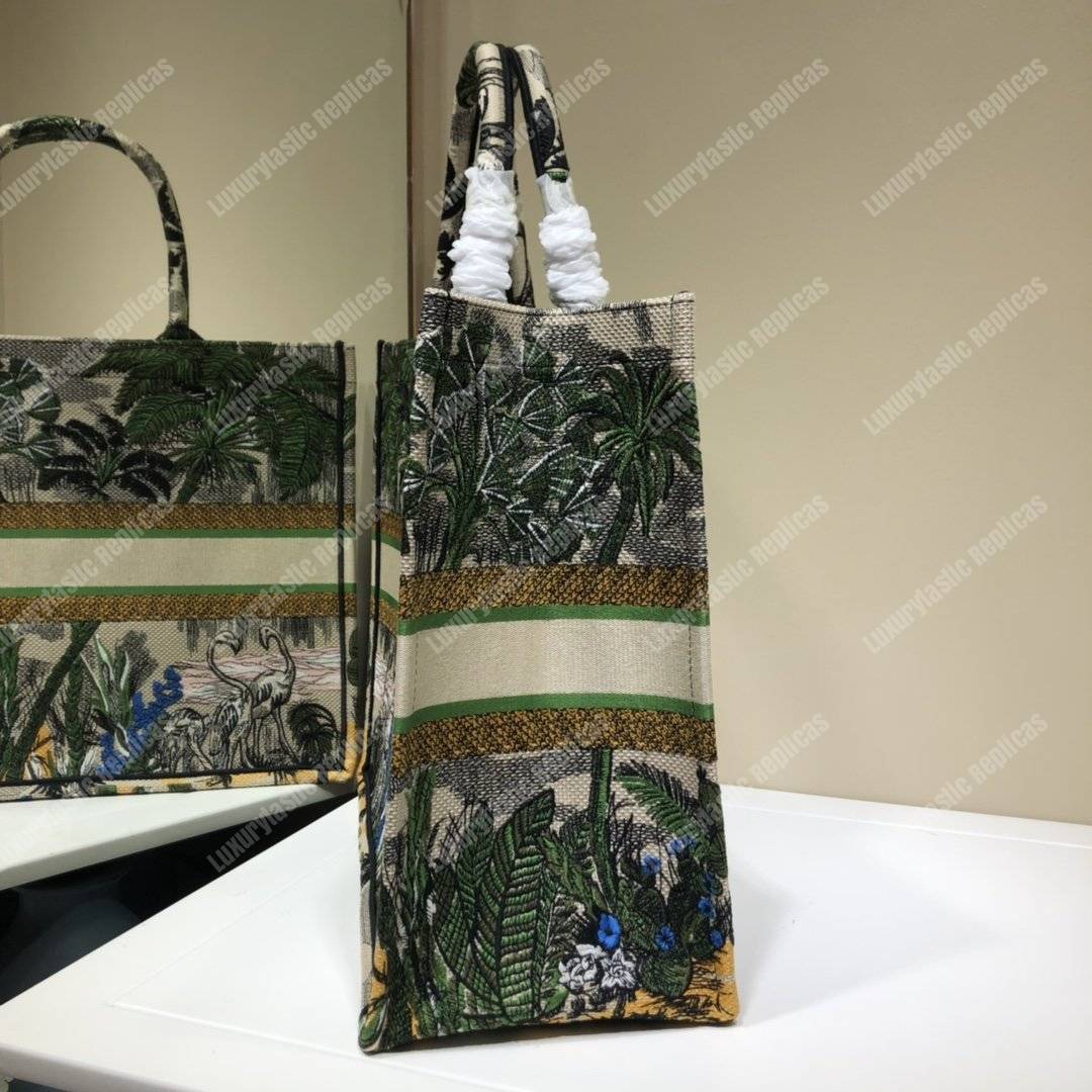 D*or book tote bag in embroidered canvas leaf green toile de jouy tropicalia