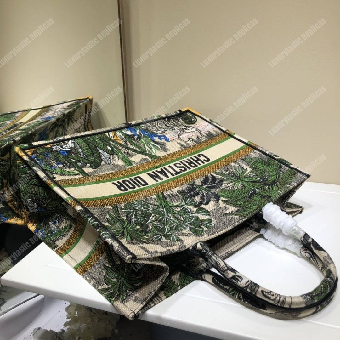 D*or book tote bag in embroidered canvas leaf green toile de jouy tropicalia