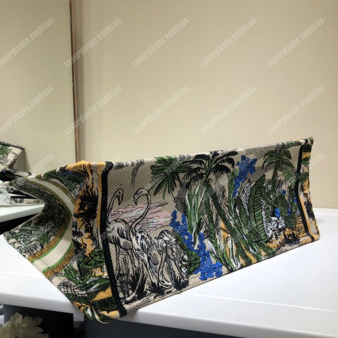 D*or book tote bag in embroidered canvas leaf green toile de jouy tropicalia