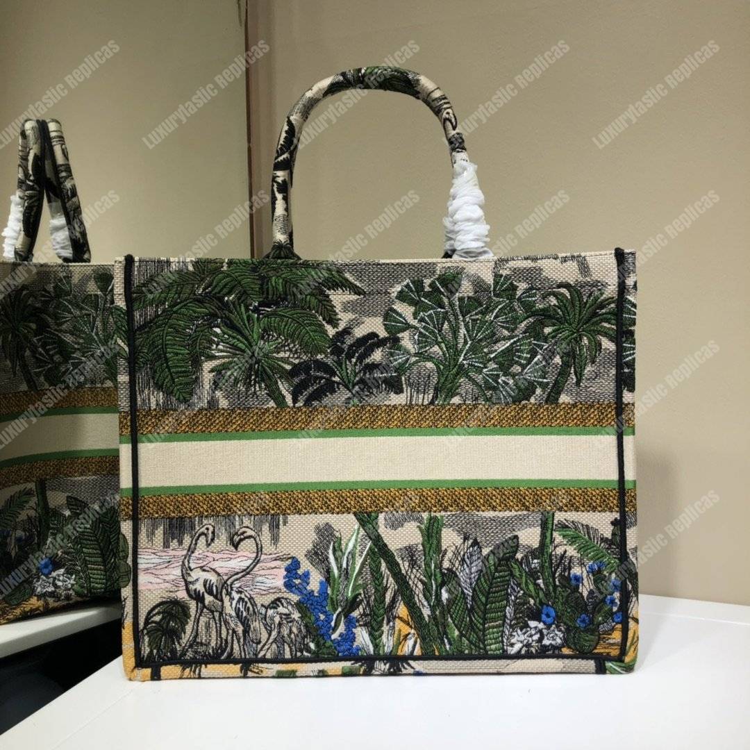 D*or book tote bag in embroidered canvas leaf green toile de jouy tropicalia