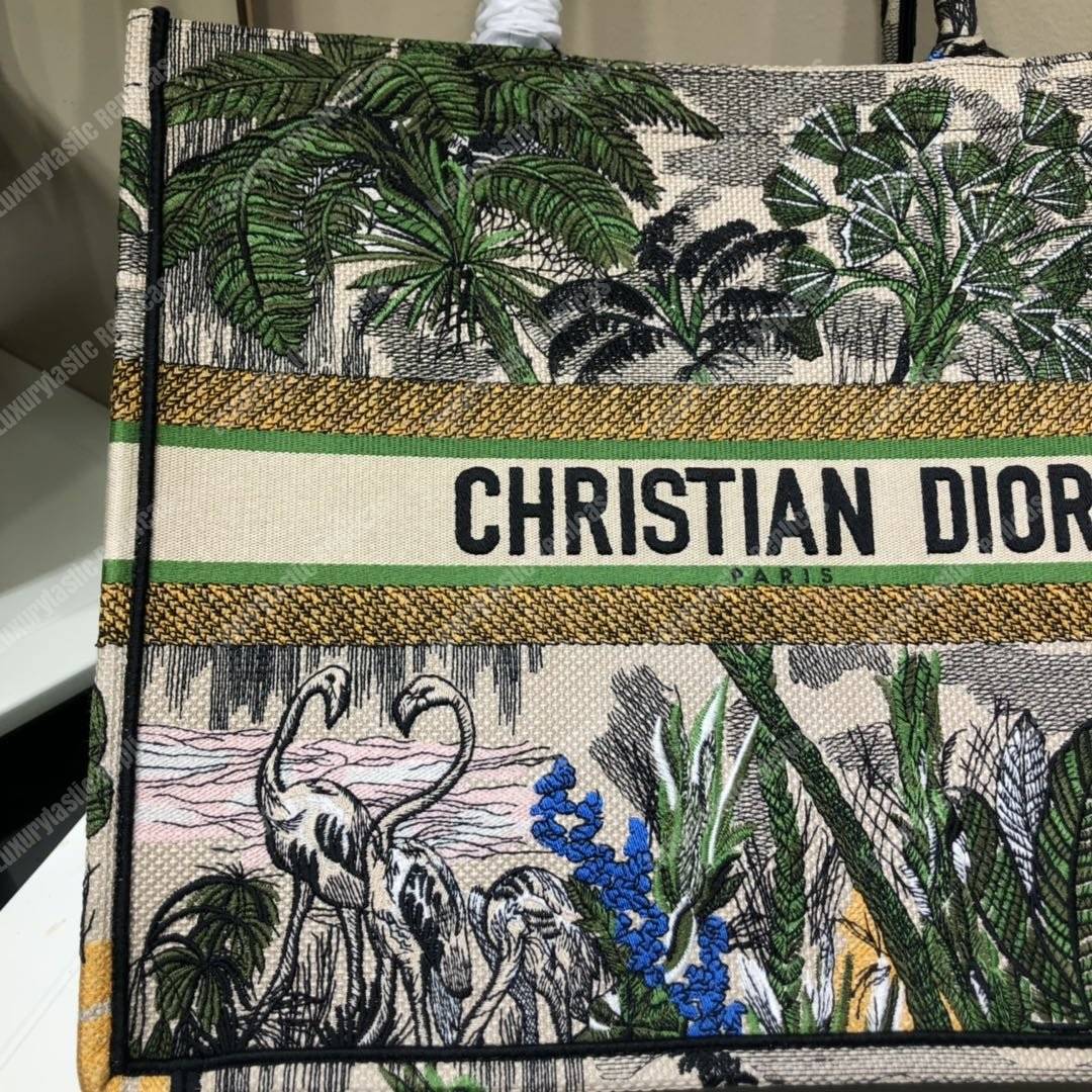 D*or book tote bag in embroidered canvas leaf green toile de jouy tropicalia