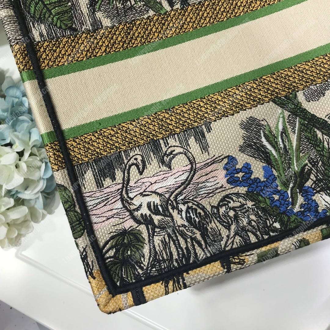 mini D*or book tote bag in embroidered canvas leaf green toile de jouy tropicalia