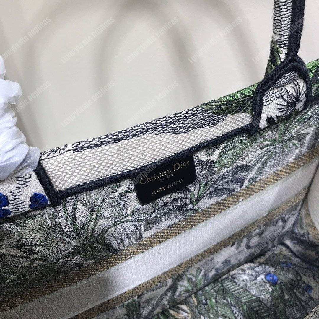 mini D*or book tote bag in embroidered canvas leaf green toile de jouy tropicalia