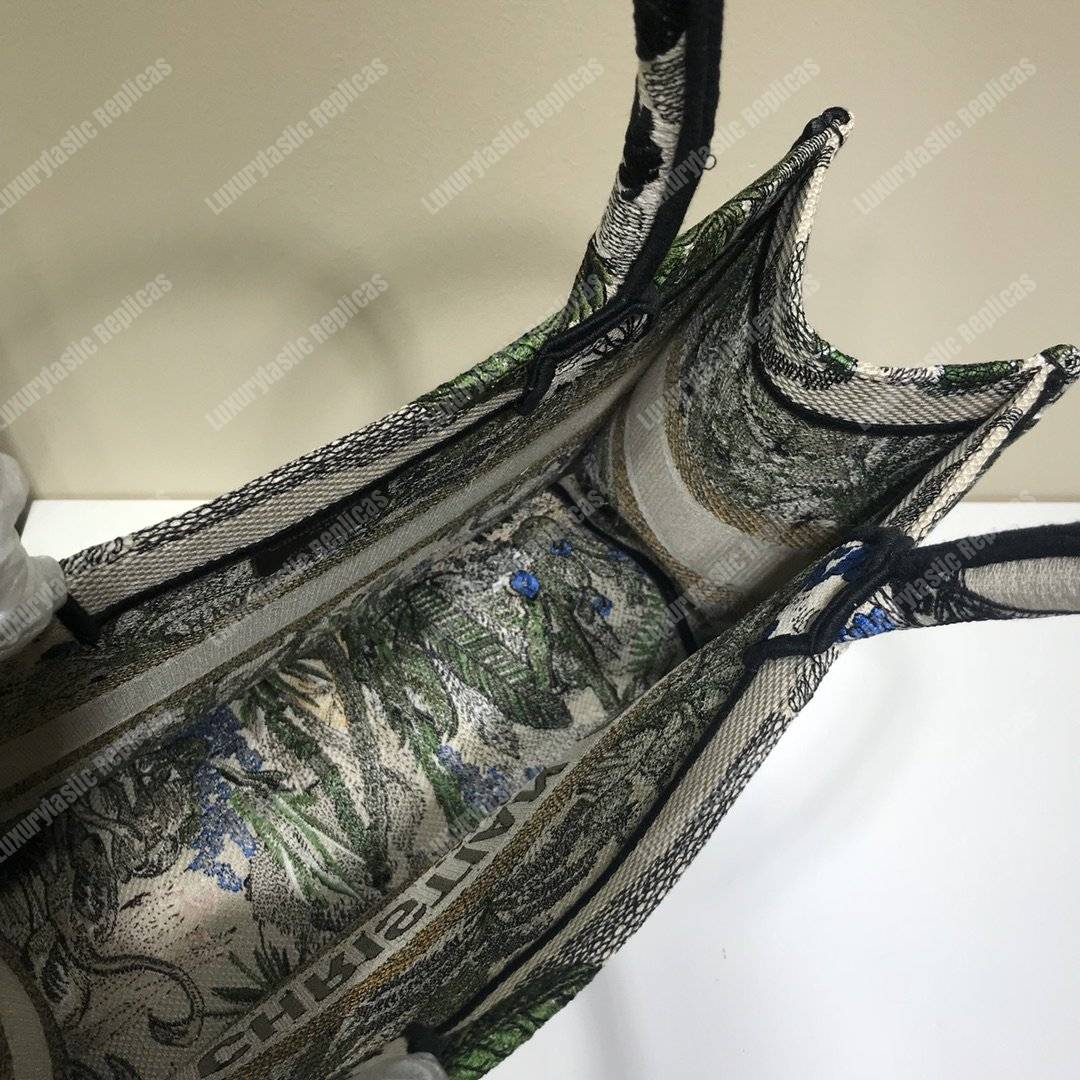mini D*or book tote bag in embroidered canvas leaf green toile de jouy tropicalia